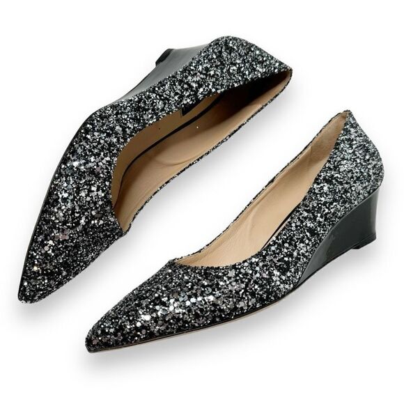 Viajiyu Trento Pointed Toe Pewter Silver Glitter Patent Black Wedge Size 37/6.5 - Picture 4 of 7